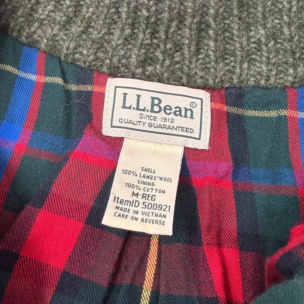 LL Bean Mens Lambswool Flannel Lined Full Zip Sweater Green Size Medium